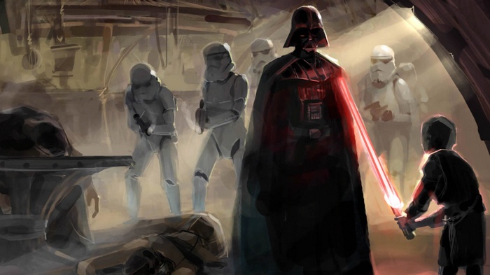 Darth Vader and Stormtroopers in a dimly lit room