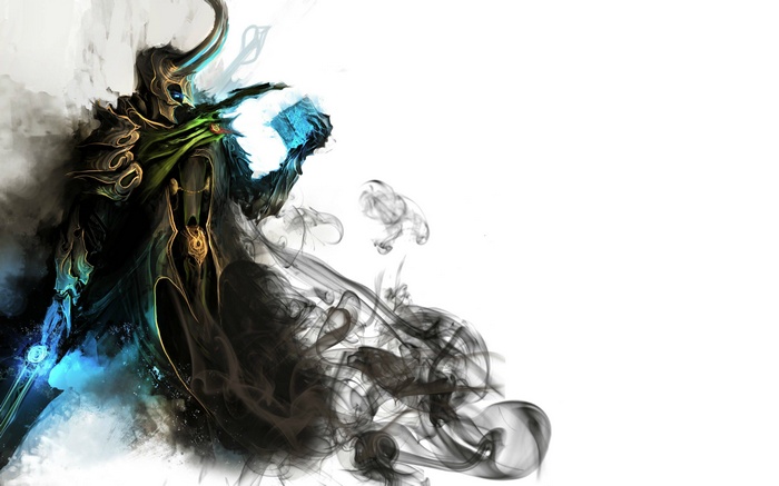 Loki in dark armor with blue energy and smoke
