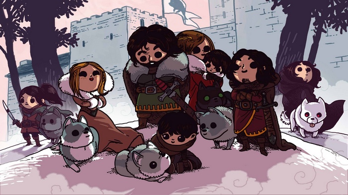 Game of Thrones characters and direwolves in the snow