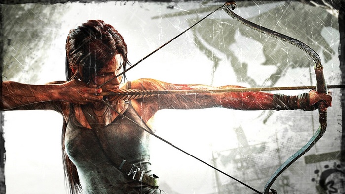 Lara Croft aiming a bow and arrow