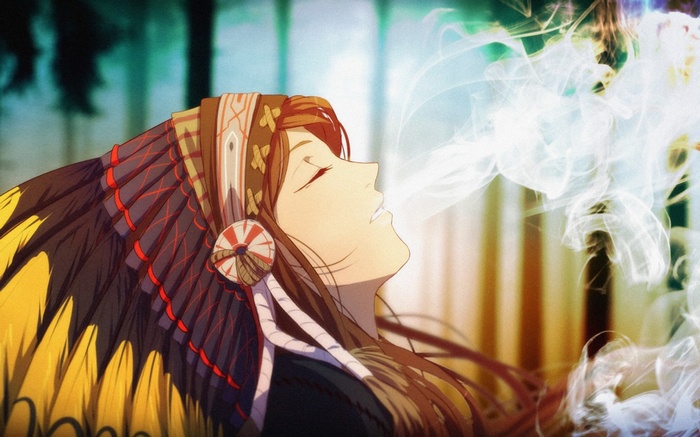 Woman in Native American headdress exhales smoke