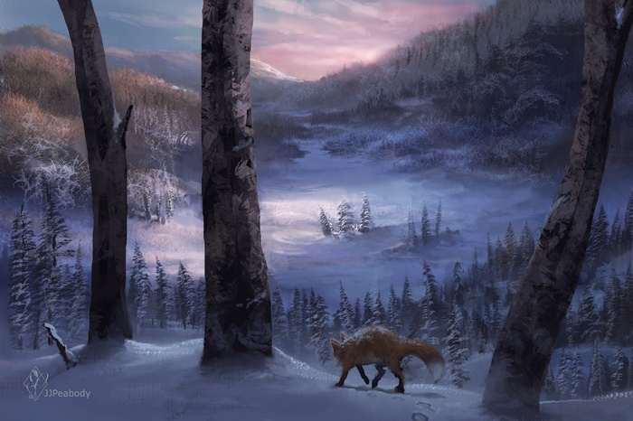 Fox walking through a snowy forest at dusk