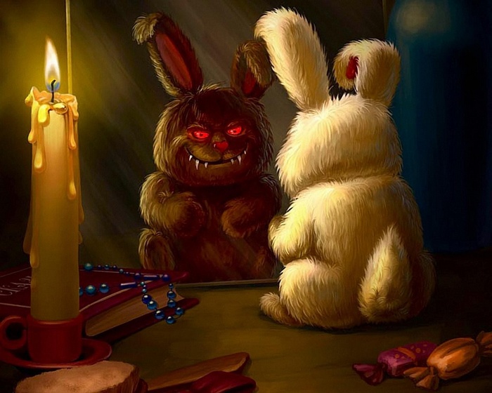 Evil Bunny Reflected in Mirror