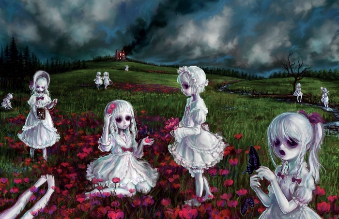 Creepy children in a field of flowers with a burning house