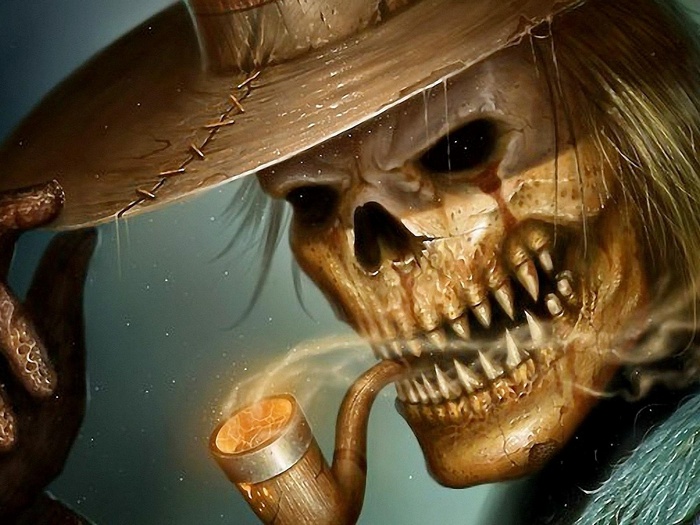 Scarecrow skeleton smoking a pipe