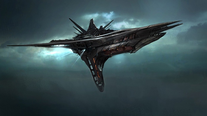 Dark alien spaceship hovering in cloudy sky