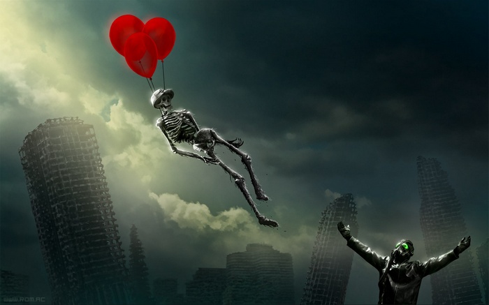 Skeleton with Balloons in Apocalyptic City