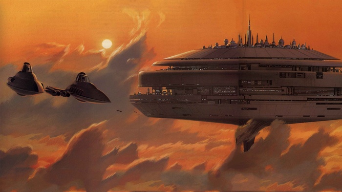 Star Wars vehicles flying through clouds at sunset
