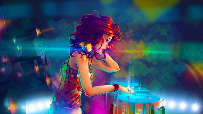 DJ girl with headphones playing music