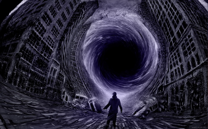 Man faces a black hole in a surreal city