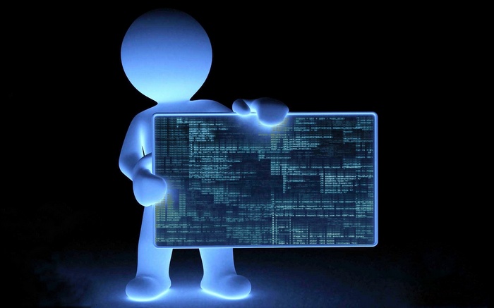 Blue 3D figure holding a screen of code