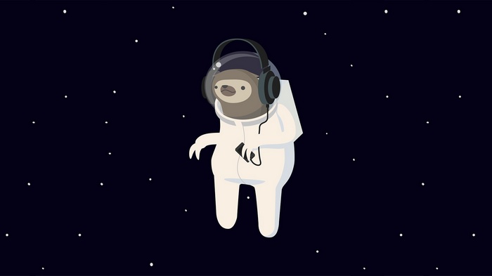 Sloth in astronaut suit listening to music in space