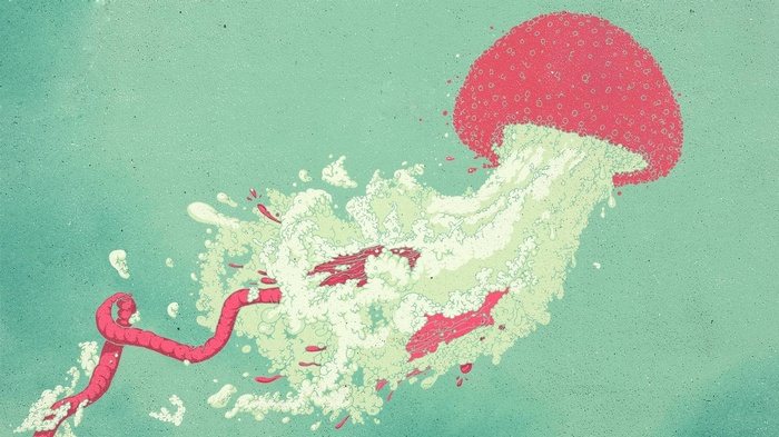 Jellyfish artwork with red tentacles and pink bell