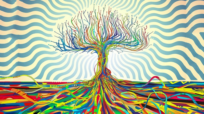 Psychedelic tree with colorful roots and wavy background