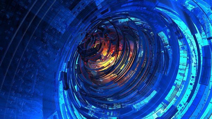 Abstract blue spiral tunnel with glowing core