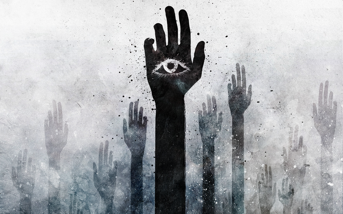 Artwork of raised hands with an eye on one hand