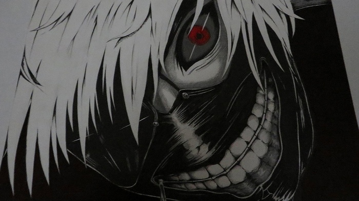 anime, fan art, drawing, Tokyo Ghoul, Kaneki Ken, red eyes, white hair