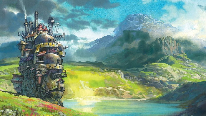 Howl's Moving Castle in a Mountain Landscape