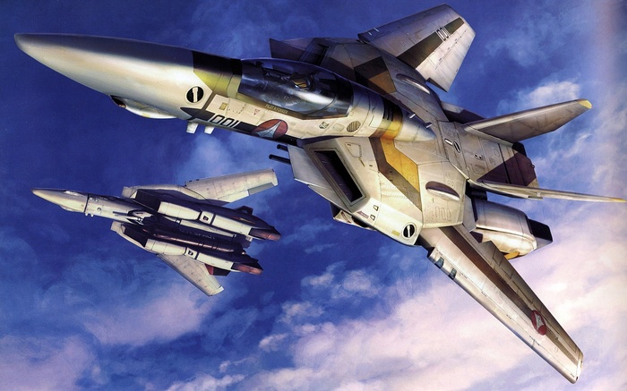 Macross VF-1 Valkyrie fighter jets in flight