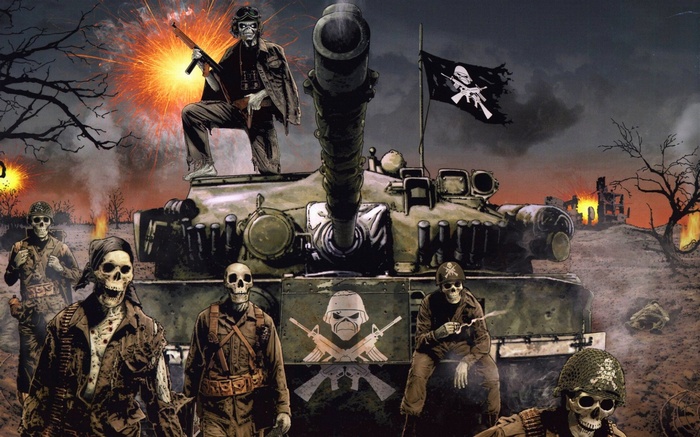 Iron Maiden Eddie and skeleton soldiers on a tank