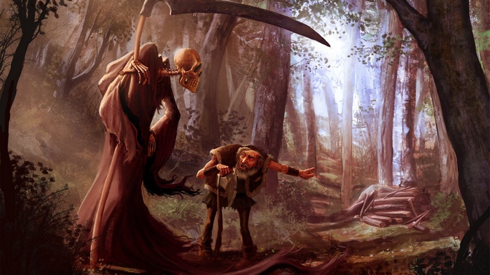 Death and a man in a forest