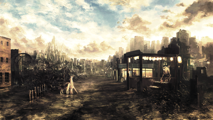 Apocalyptic city ruins with a girl and dog