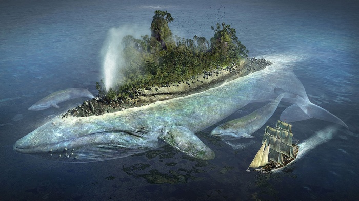 Island on a giant whale with a ship