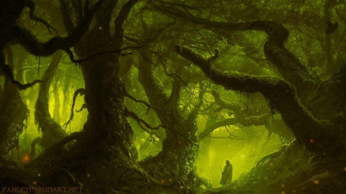 Fantasy art of a person in a mystical forest