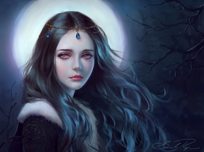 Sad woman with red eyes under moonlight