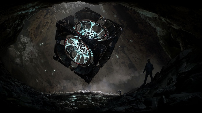 X-COM cube in a cave with explorers