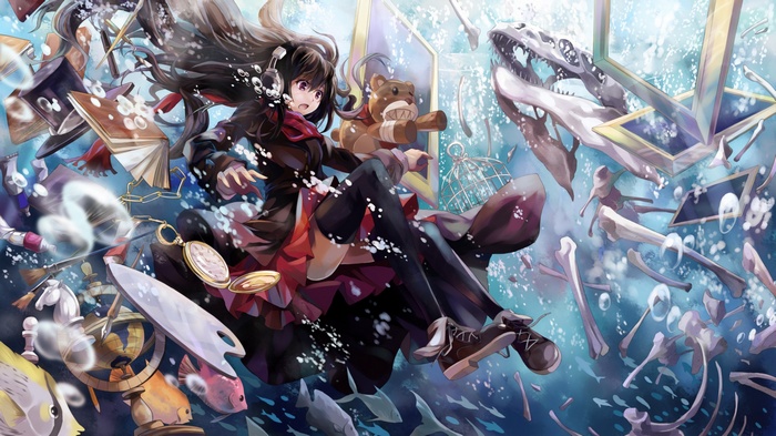 Anime girl with headphones and teddy bear underwater