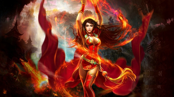 Fantasy art of a woman in red with fire