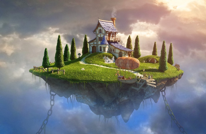 Floating island with house, Zeppelin, and chains