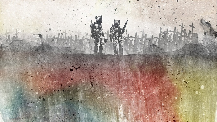 Soldiers with pig masks in a graveyard