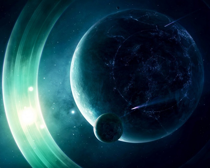 Planet with rings and moons in deep space