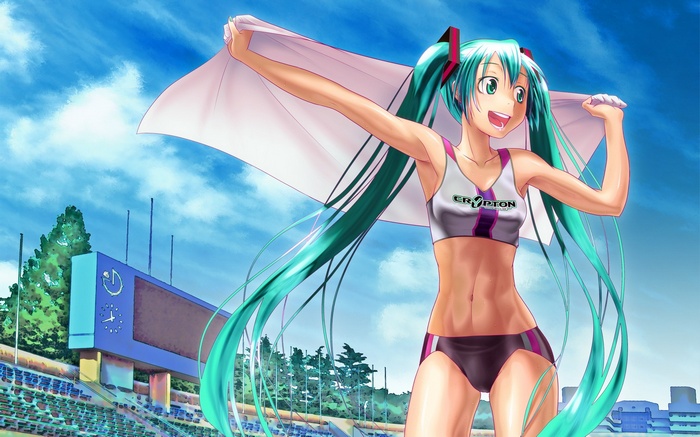 Hatsune Miku in Gym Clothes at a Stadium