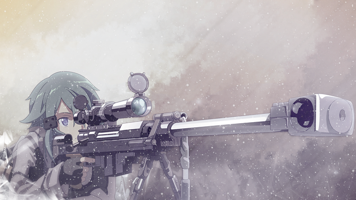 Asada Shino with a sniper rifle in snow