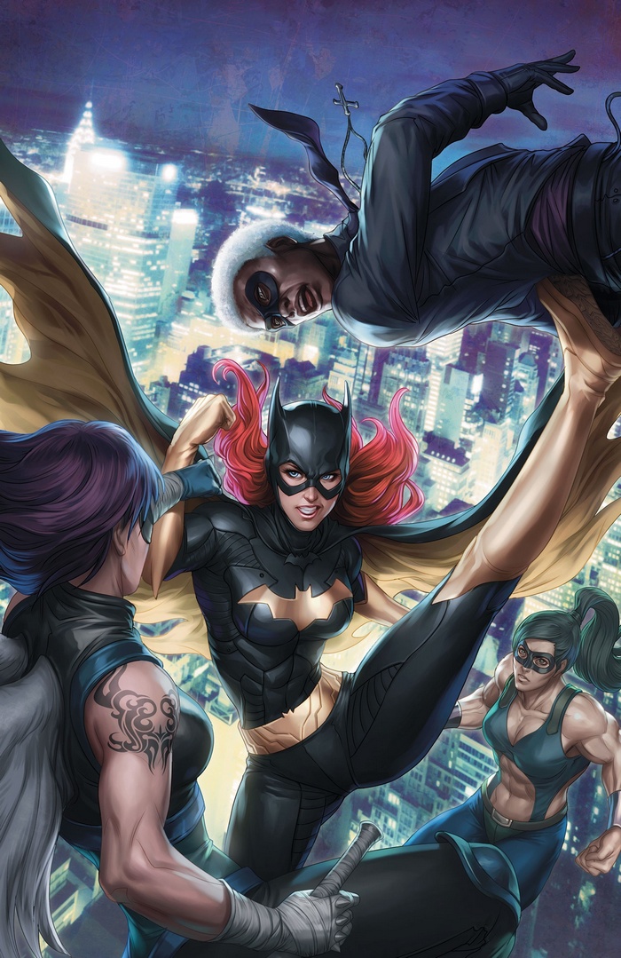 Batgirl and allies fight villains over a city