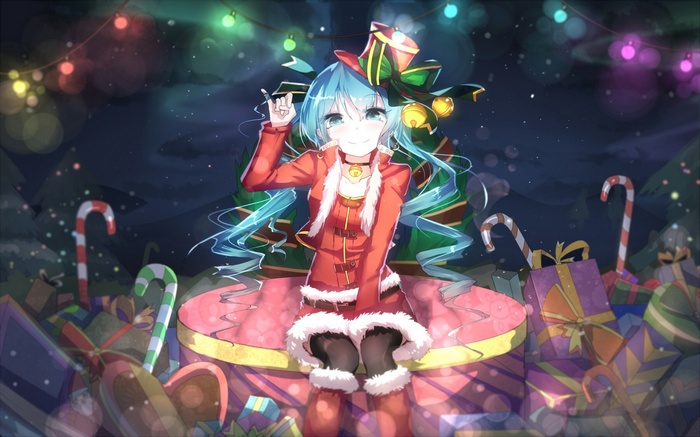 Hatsune Miku in a Christmas Outfit Surrounded by Presents