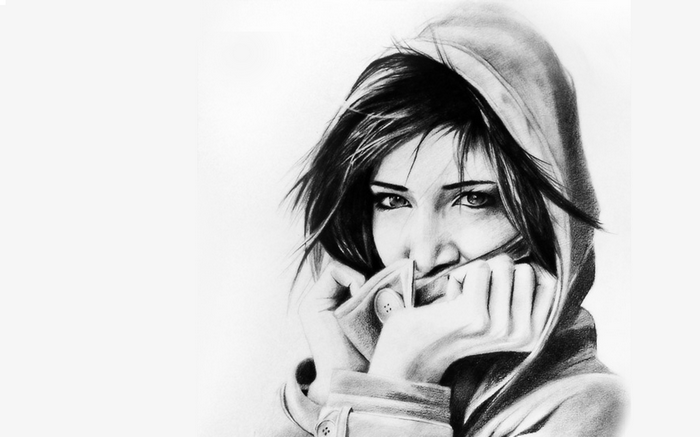 Drawing of a young woman in a hooded jacket