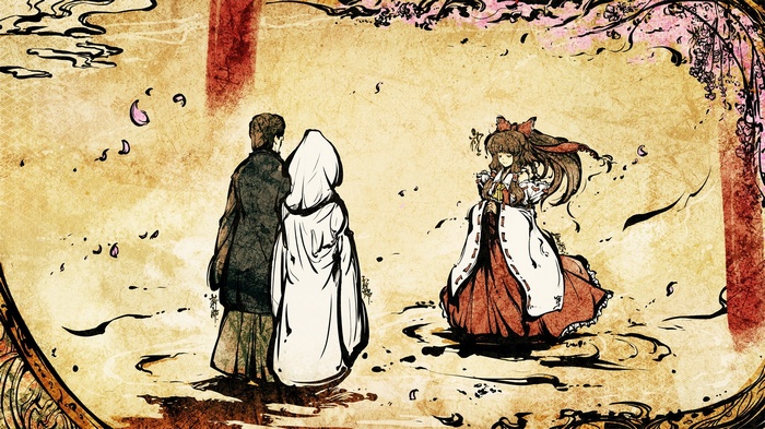 Hakurei Reimu and two figures in traditional Japanese attire