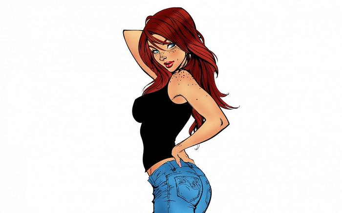Cartoon redhead woman in jeans and tank top