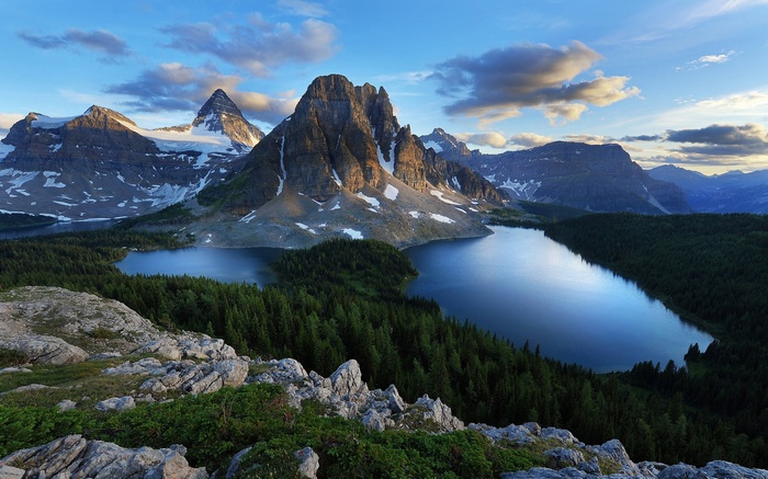 Snow-capped mountains and lakes with pine forests