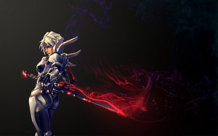 Woman with white hair and cyborg armor holding a glowing sword