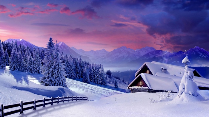 Snowy mountain landscape with cabins and pine trees