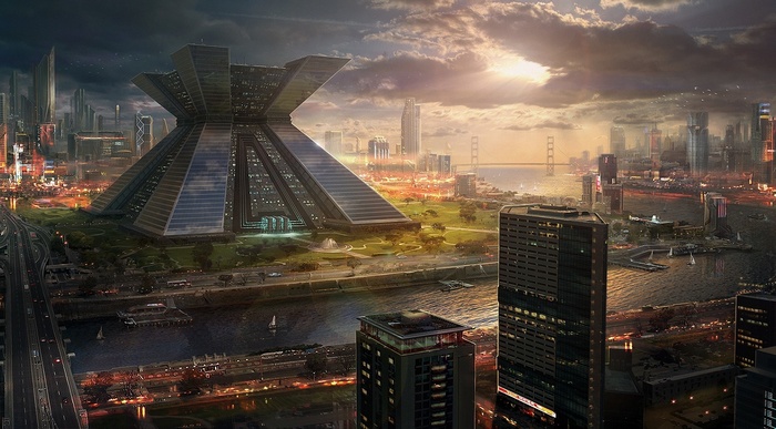 Futuristic city with a large X-shaped building and a bridge