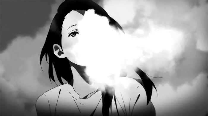 Anime girl with smoke obscuring her face against clouds