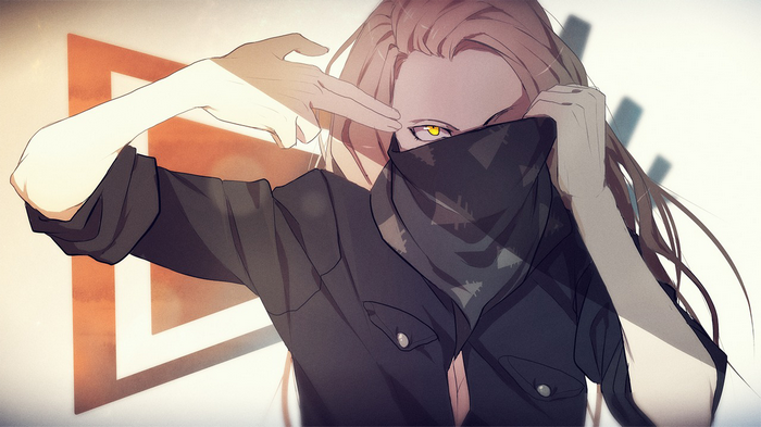Anime girl with blonde hair and yellow eyes making a finger gun