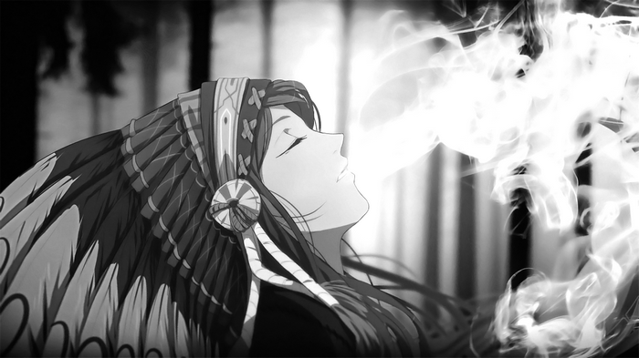 Anime girl with headdress exhaling smoke