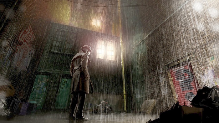 Rorschach standing in the rain in an alley